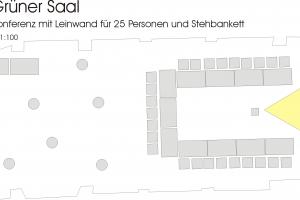 Konferenz 25 Personen mit Leinwand und Stehbankett