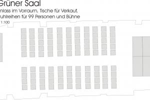 Einlass im Vorraum, Verkaufstische, Stuhlreihen für 99 Personen mit Bühne, Umkleide in Küche